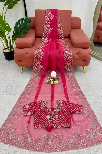 Rani Pink Color Thread & Sequin Embroidery Work Organza Silk  Saree