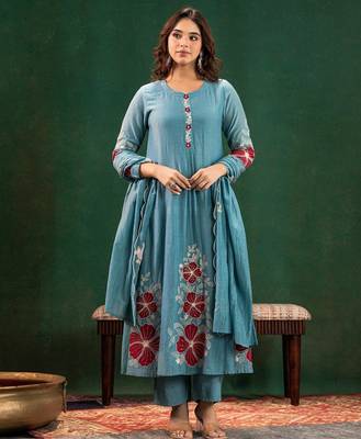 Sky blue chanderi silk sequin kurta set with embroidered dupatta 1