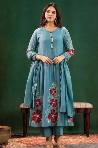 Sky blue chanderi silk sequin kurta set with embroidered dupatta