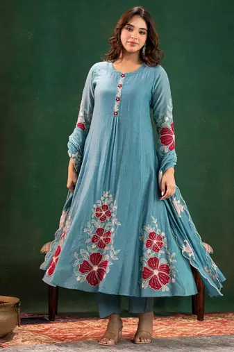 Sky blue chanderi silk sequin kurta set with embroidered dupatta