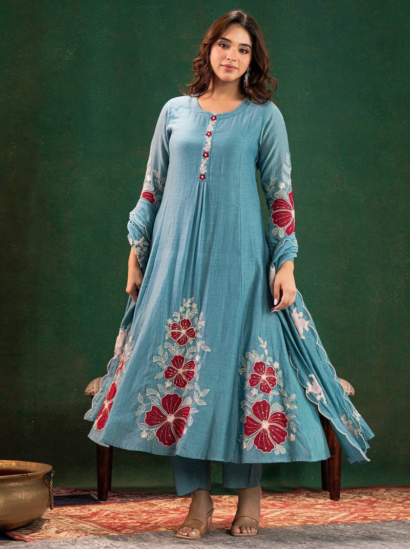 Sky blue chanderi silk sequin kurta set with embroidered dupatta