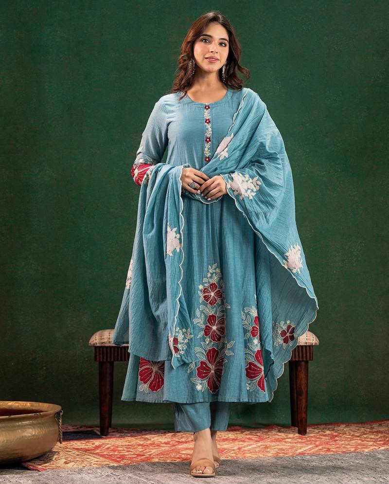 Sky blue chanderi silk sequin kurta set with embroidered dupatta