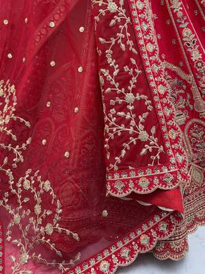 Ravishing Red Zari Embroidery Silk Bridal Lehenga Choli With Double Dupatta 9