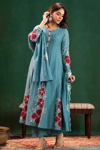 Sky blue chanderi silk sequin kurta set with embroidered dupatta