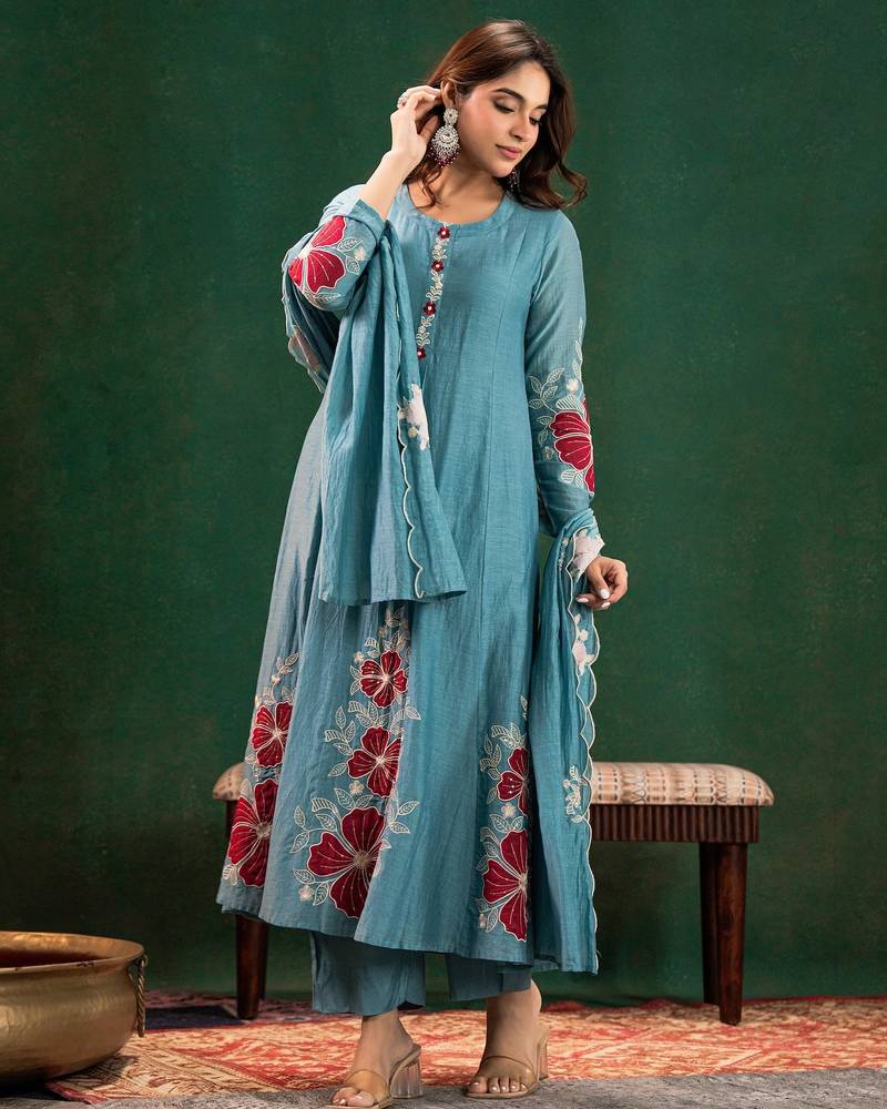Sky blue chanderi silk sequin kurta set with embroidered dupatta