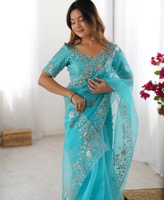 Sky Blue Color Thread & Sequin Embroidery Work Organza Silk  Saree 2