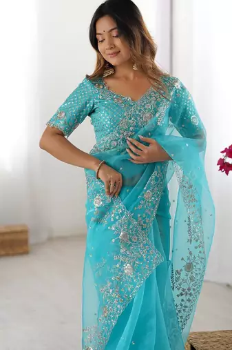Sky Blue Color Thread & Sequin Embroidery Work Organza Silk  Saree