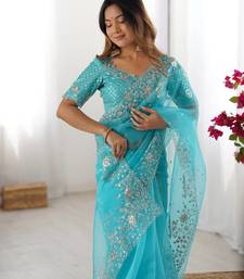 Sky Blue Color Thread & Sequin Embroidery Work Organza Silk  Saree