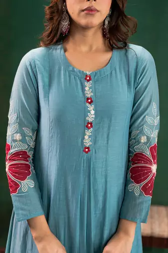 Sky blue chanderi silk sequin kurta set with embroidered dupatta
