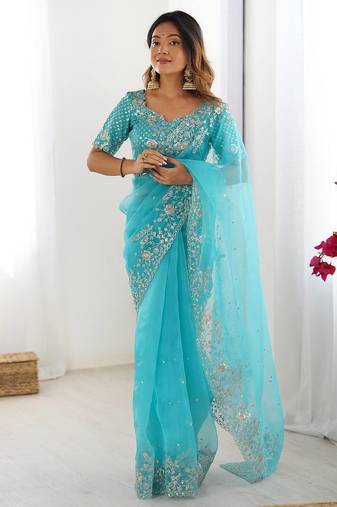 Sky Blue Color Thread & Sequin Embroidery Work Organza Silk  Saree