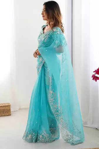 Sky Blue Color Thread & Sequin Embroidery Work Organza Silk  Saree