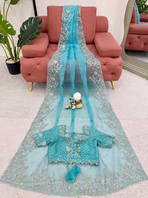 Sky Blue Color Thread & Sequin Embroidery Work Organza Silk  Saree 5