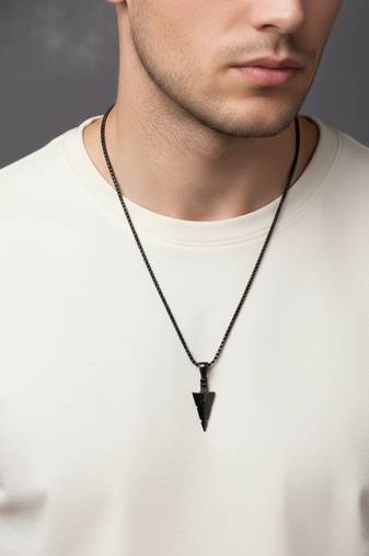  men's black arrow shaped rhodium plated pendant with chain 