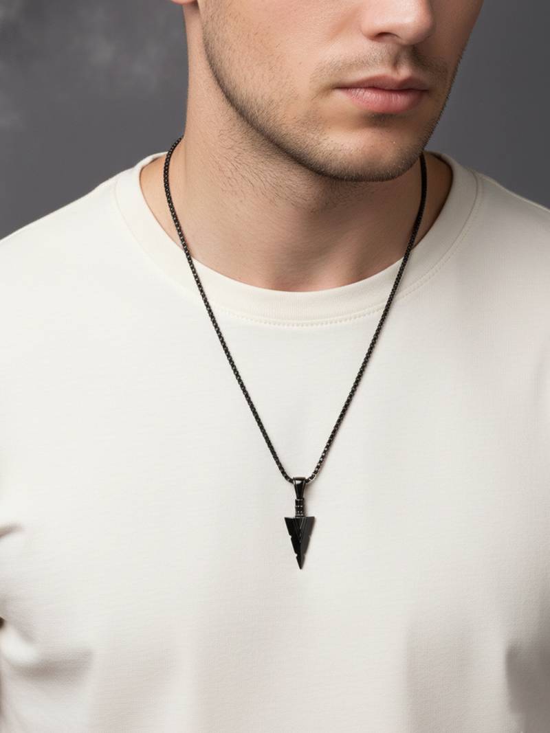  men's black arrow shaped rhodium plated pendant with chain 