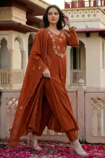 Orange chanderi silk sequin kurta pant set with embroidered organza dupatta