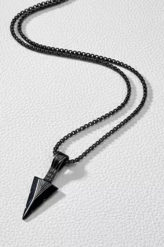  men's black arrow shaped rhodium plated pendant with chain 