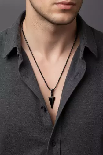  men's black arrow shaped rhodium plated pendant with chain 