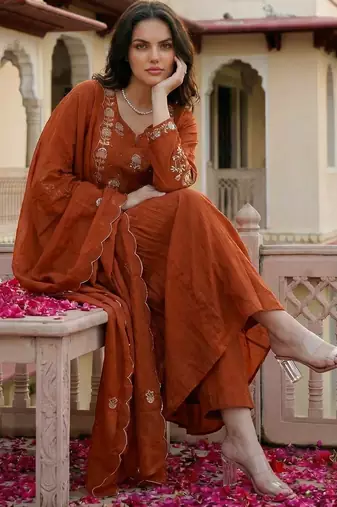 Orange chanderi silk sequin kurta pant set with embroidered organza dupatta
