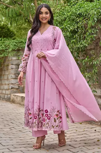 Pink chanderi silk sequin v-neck kurta set with embroidered chanderi dupatta