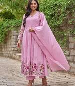 Pink chanderi silk sequin v-neck kurta set with embroidered chanderi dupatta