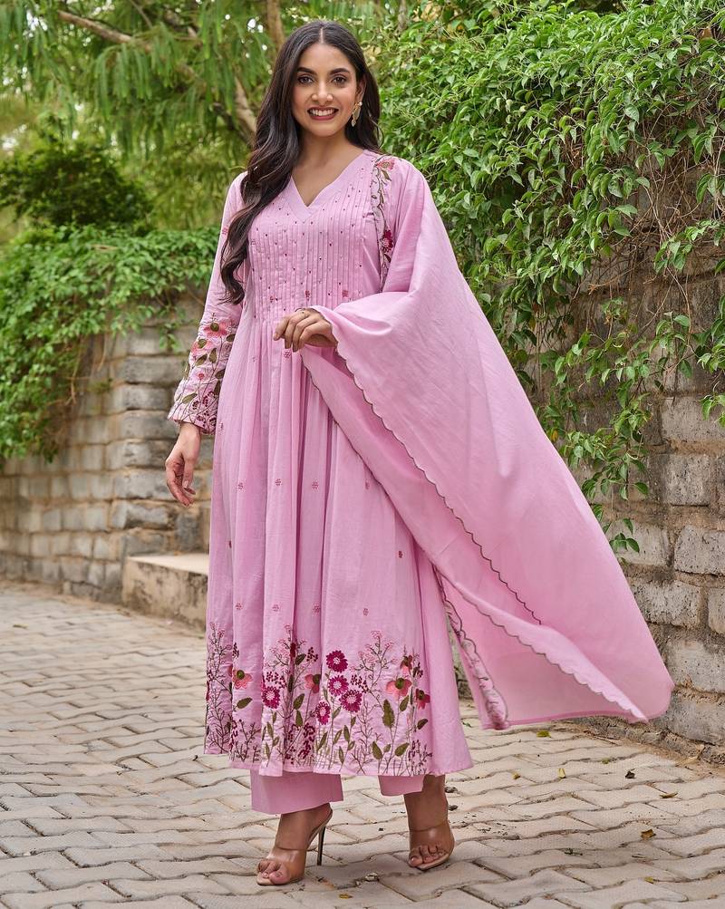 Pink chanderi silk sequin v-neck kurta set with embroidered chanderi dupatta