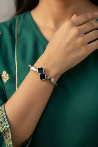  women silver plated black cuff bracelet