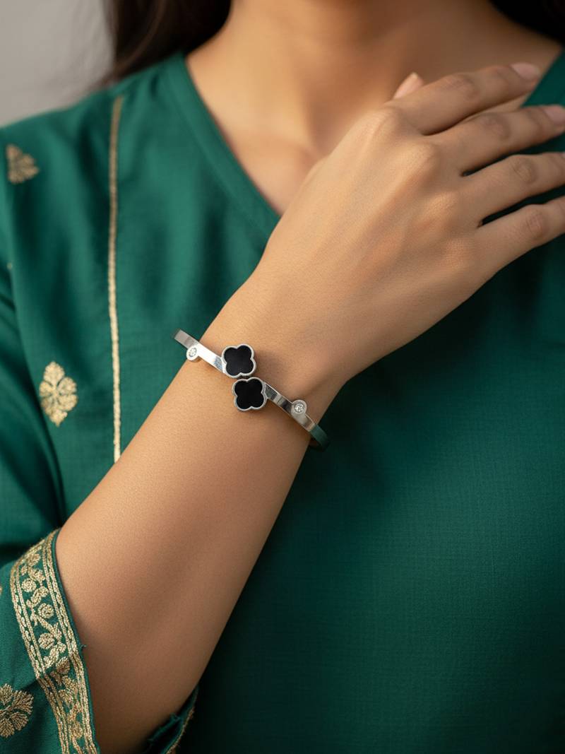  women silver plated black cuff bracelet