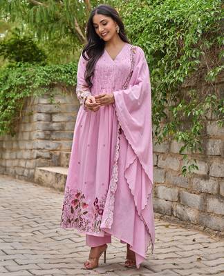 Pink chanderi silk sequin v-neck kurta set with embroidered chanderi dupatta 2
