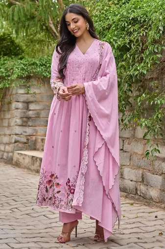 Pink chanderi silk sequin v-neck kurta set with embroidered chanderi dupatta