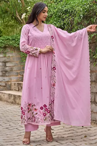 Pink chanderi silk sequin v-neck kurta set with embroidered chanderi dupatta