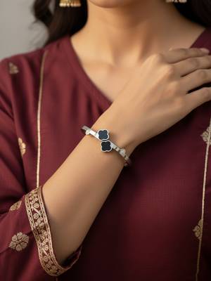  women silver plated black cuff bracelet 3