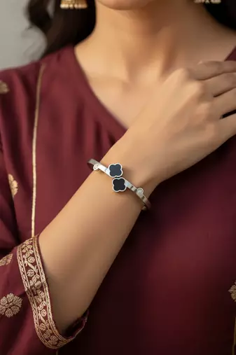  women silver plated black cuff bracelet