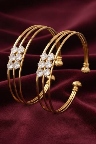  women set of 2 gold plated cz stone adjustable bangle
