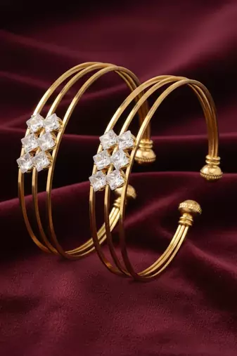  women set of 2 gold plated cz stone adjustable bangle