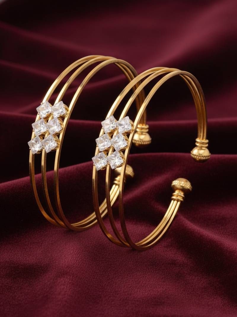  women set of 2 gold plated cz stone adjustable bangle