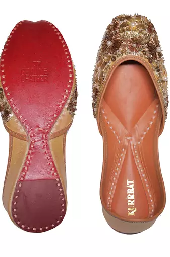 gold embroidered leather juttis with bead work