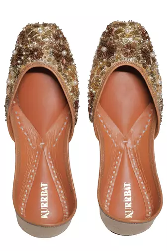 gold embroidered leather juttis with bead work