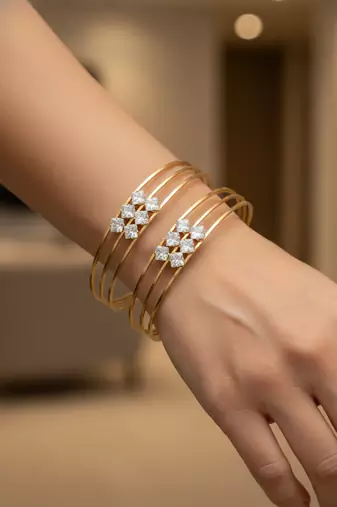  women set of 2 gold plated cz stone adjustable bangle