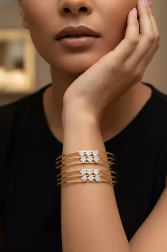  women set of 2 gold plated cz stone adjustable bangle