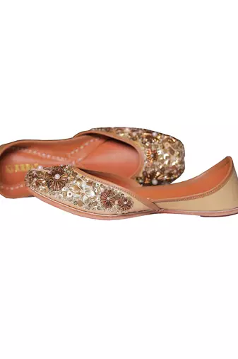 gold embroidered leather juttis with bead work