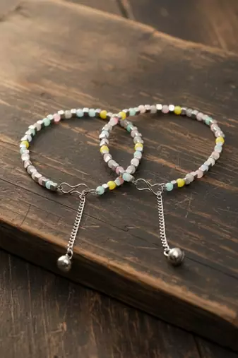  women silver plated multicolour artificial beads anklet