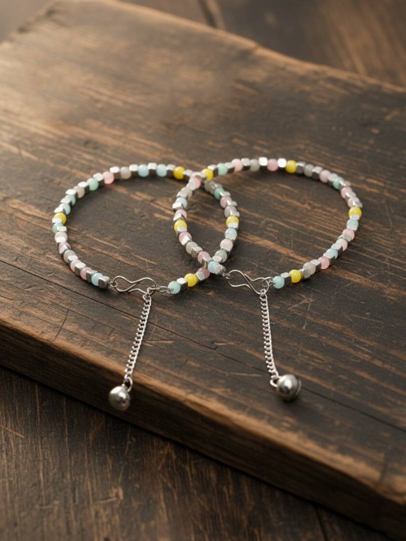  women silver plated multicolour artificial beads anklet