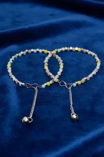  women silver plated multicolour artificial beads anklet
