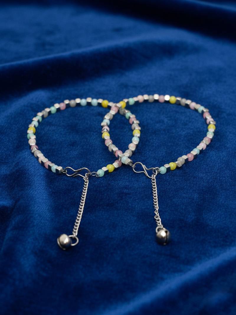  women silver plated multicolour artificial beads anklet