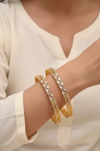  women set of 2 gold plated cz stone bangle