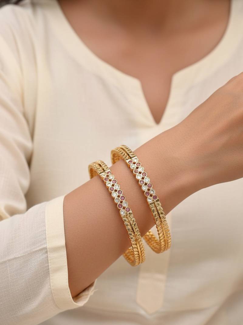  women set of 2 gold plated cz stone bangle