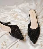 Black beads embroidered synthetic heels