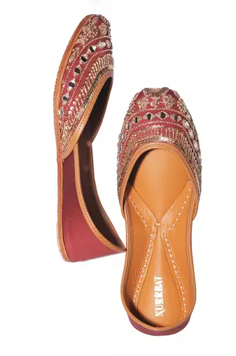 ruby red embroidered leather juttis for women