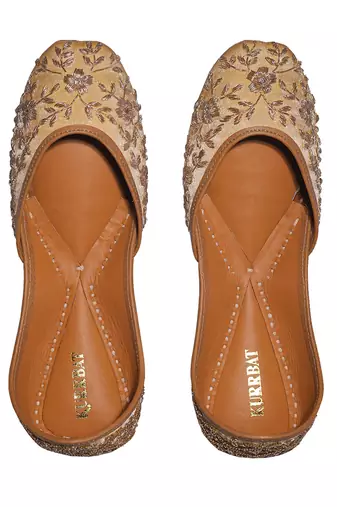 gold ethnic leather juttis with floral embroidery design
