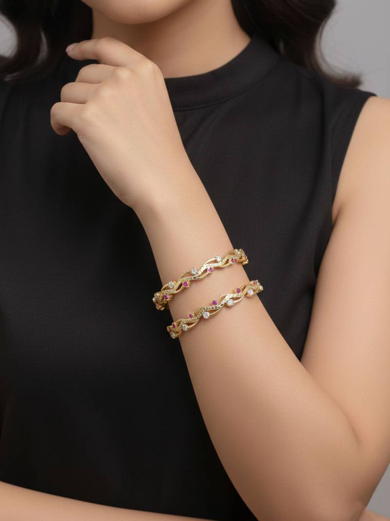  women set of 2 gold plated cz stone bangle